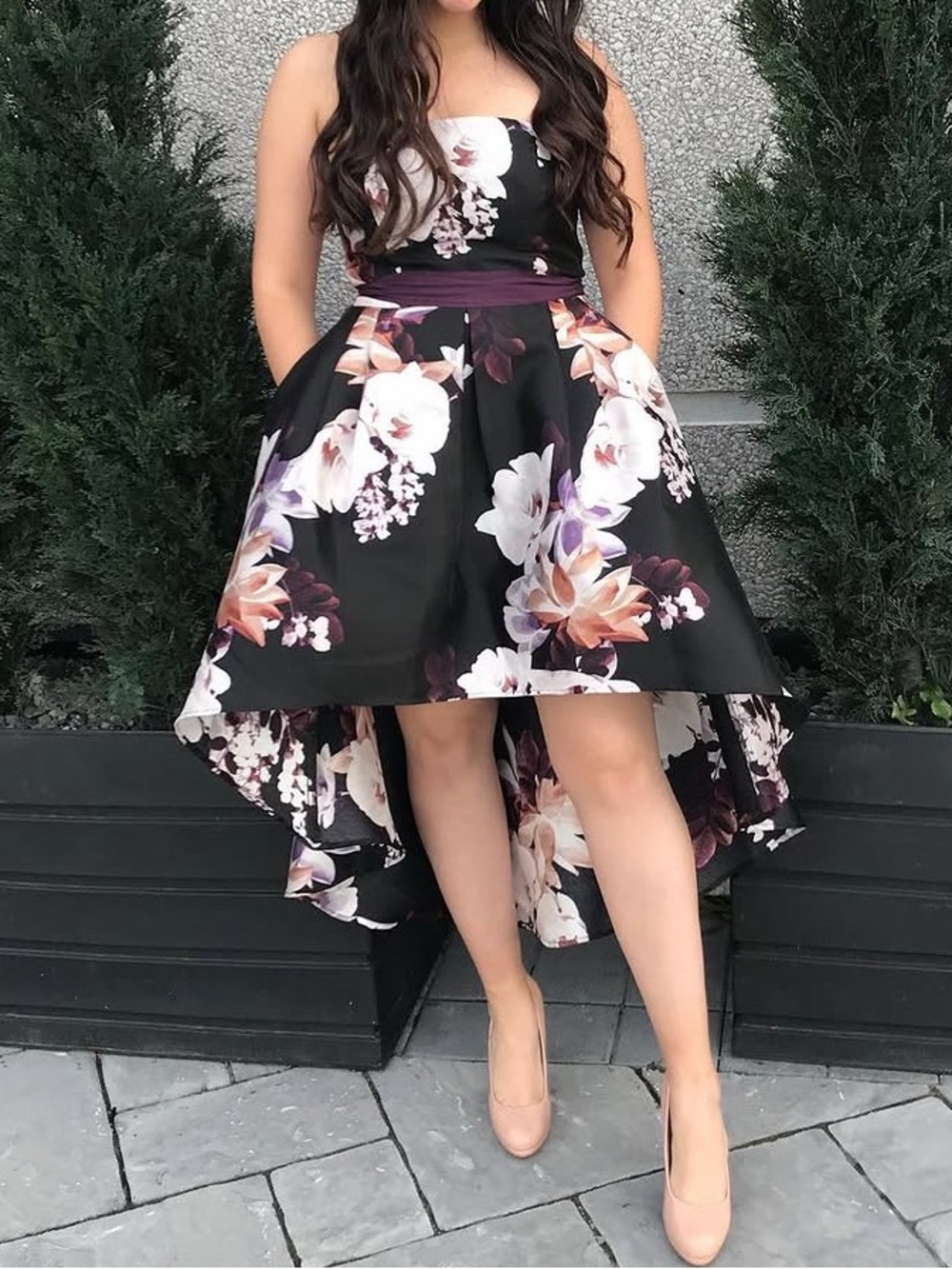 High-Low Strapless Floral Dress in Black and Purple